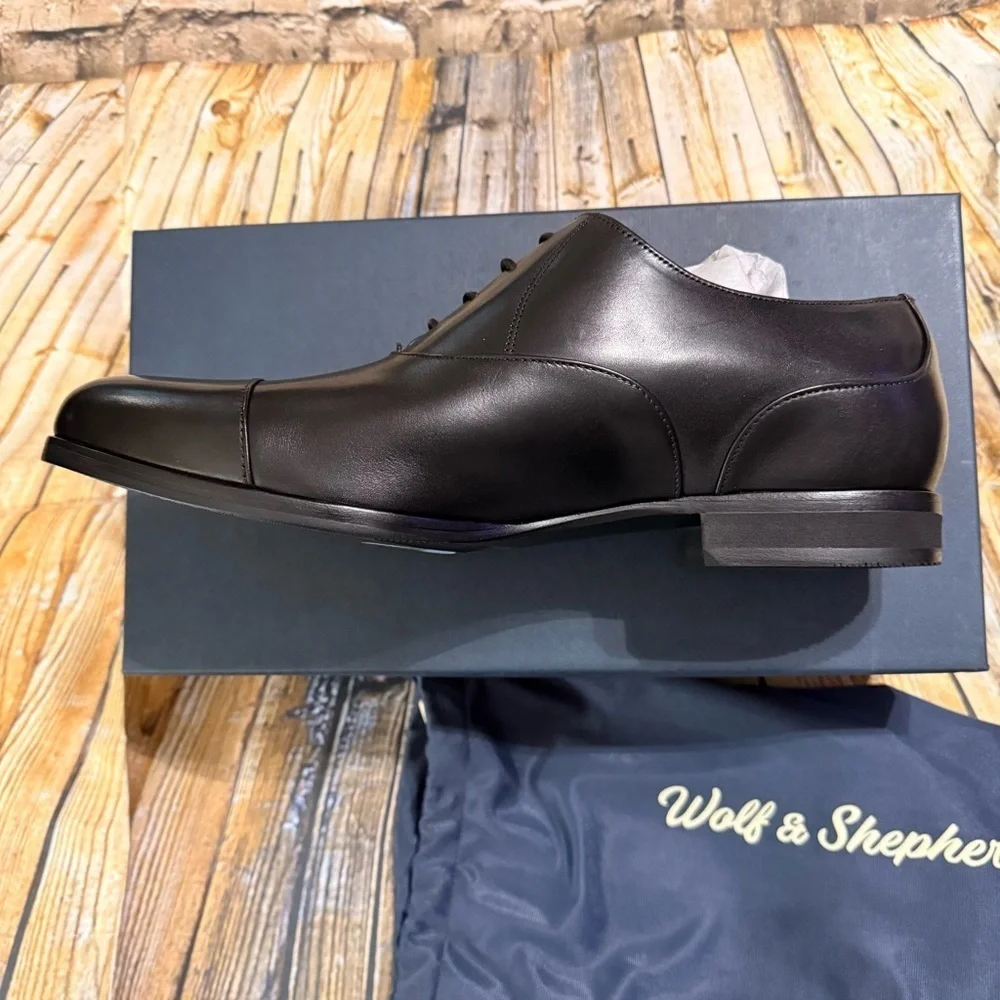 NIB Wolf & Shepherd Black Leather Closet Cap Toe Black Leather Oxfords